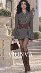 Vintage Grey Wool Blend Double Breasted Belted Mini Dress