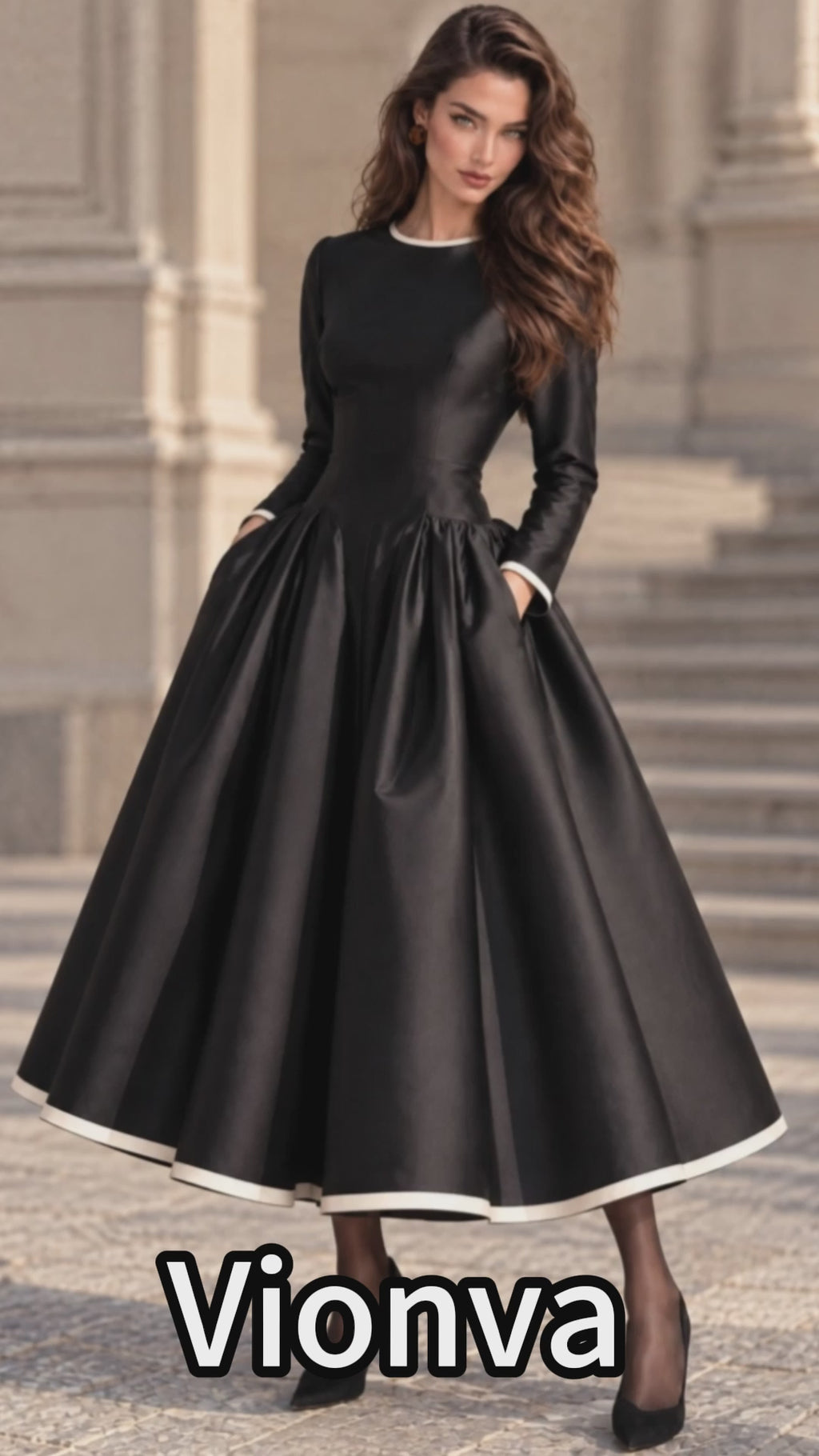 Vintage Black Satin Cream Trim Full Skirt Dress