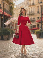 1950s Retro Red 3/4 Sleeve Fit-and-Flare Midi Dress