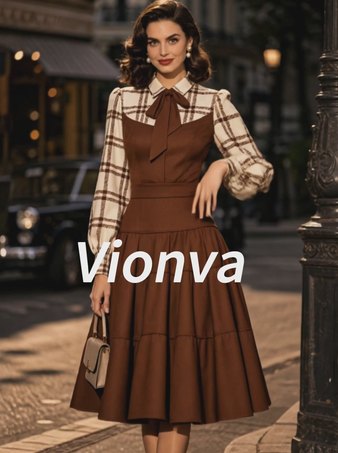 Vintage Brown Plaid Bow-Tie Tiered A-Line Dress