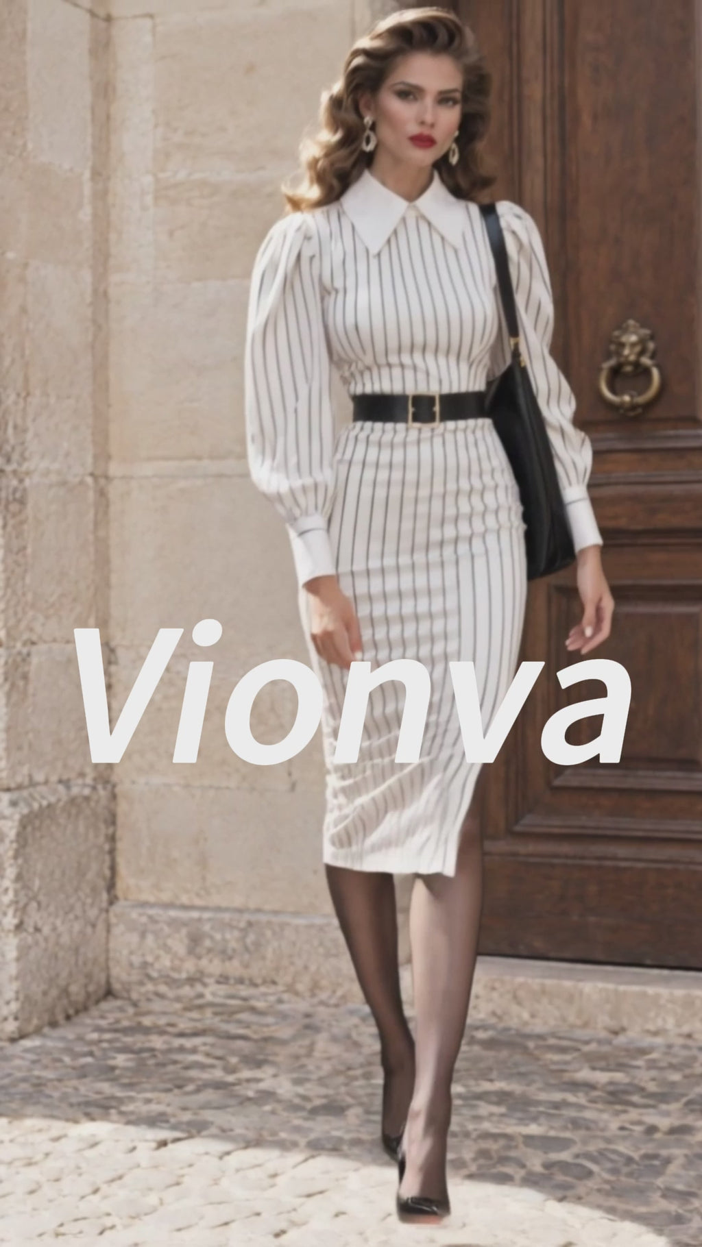 Vintage Pinstripe Belted Puff-Sleeve Dress With Belt