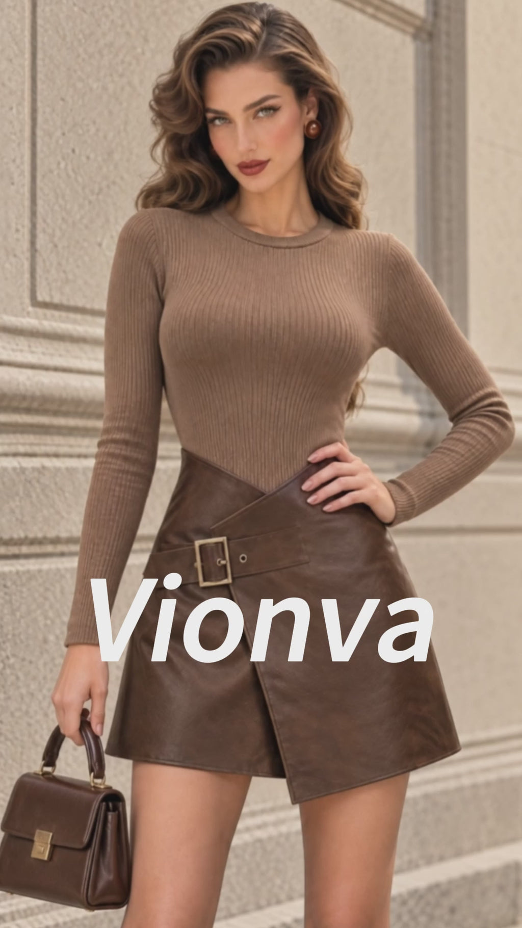 Vintage Ribbed Knit Faux Leather Mini Dress