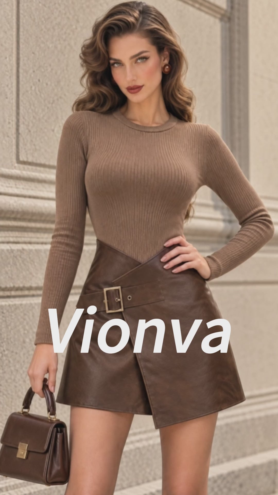 Vintage Ribbed Knit Faux Leather Mini Dress