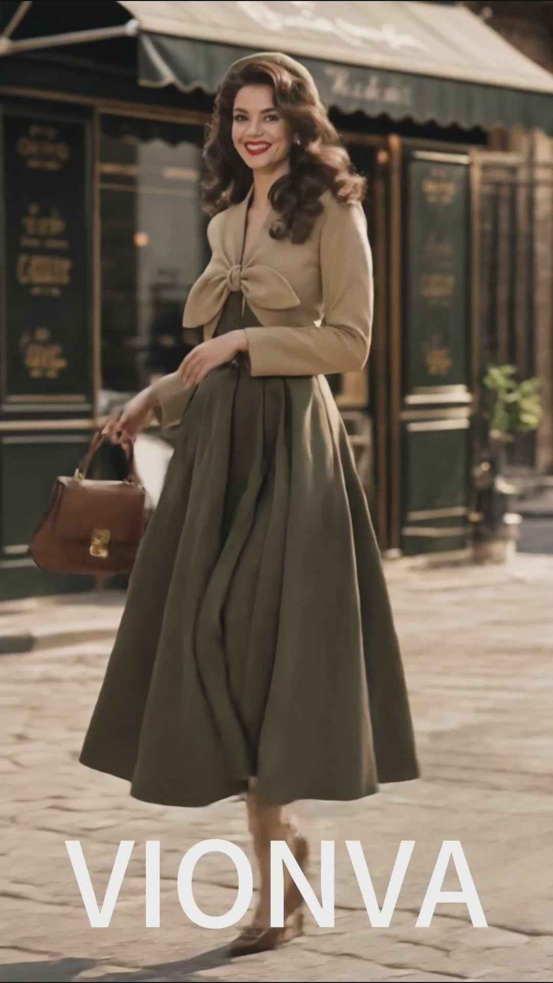 Vintage Bow Knot Fake Two‑Piece Midi Dress Long Sleeve High Waist Swing Dress
