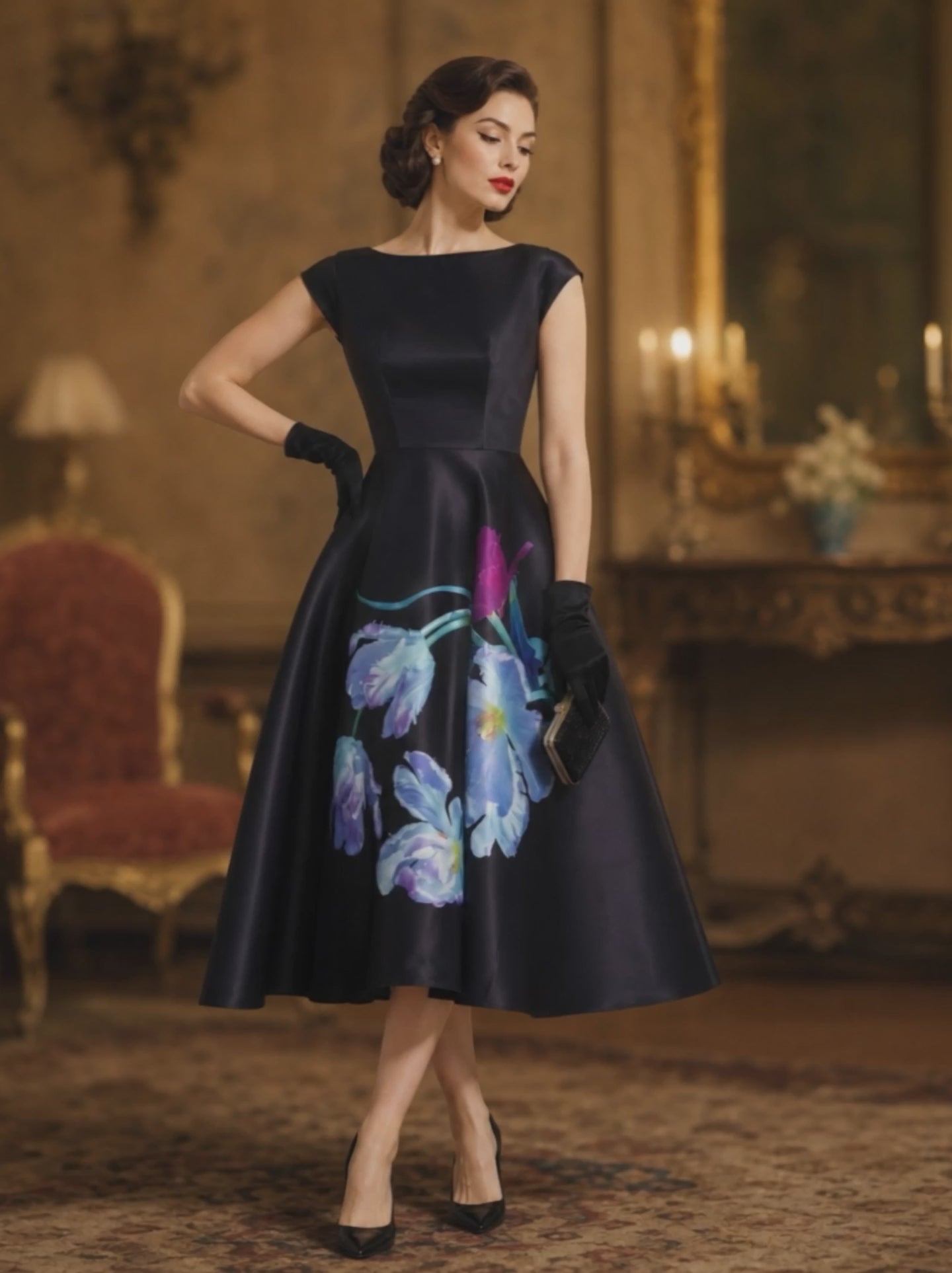 Elegant Watercolor Floral-Print Cocktail Midi Party Dress