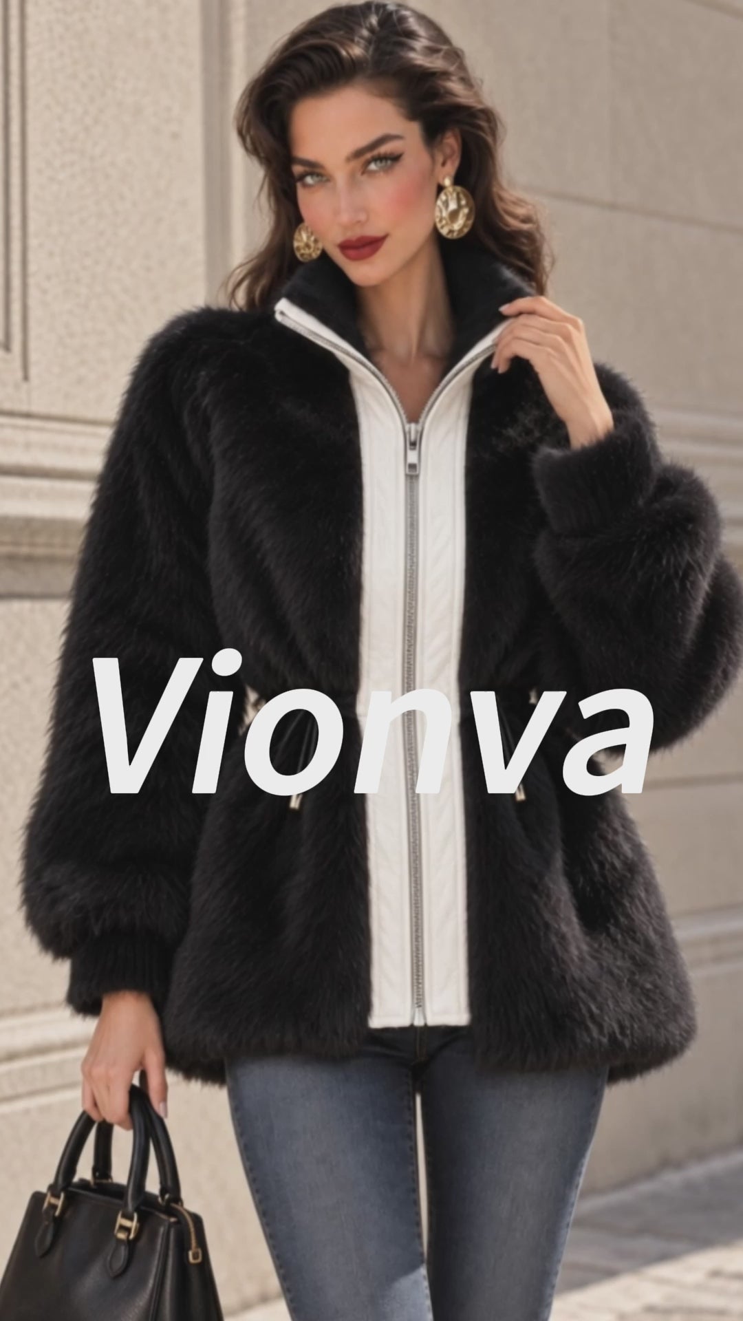 Vintage Contrast-Placket Drawstring Faux Fur Jacket