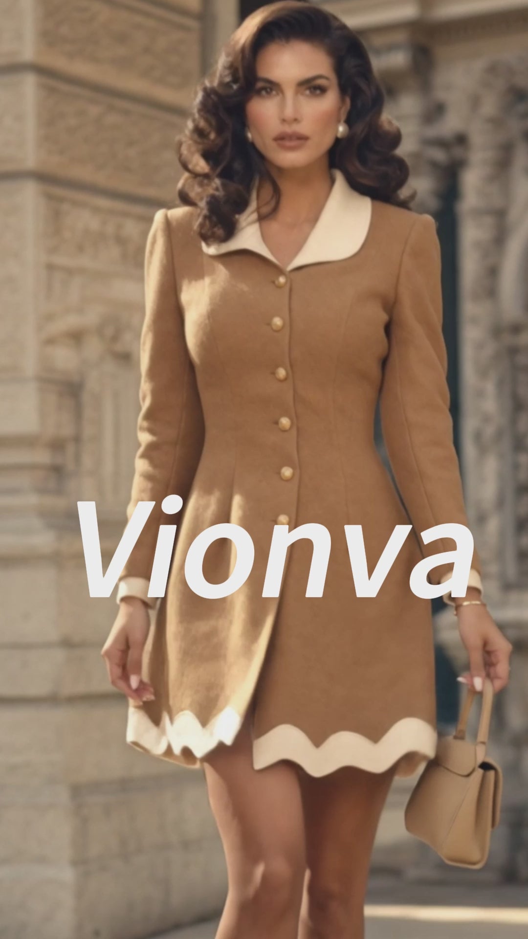 Vintage Camel Cream-Collar Gold-Button Wool A-Line Dress