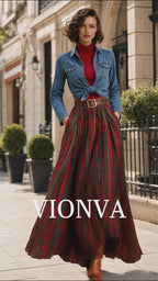 Vintage Versatile Denim Shirt & Red Tartan Plaid Flowy Maxi Skirt Two Piece Set