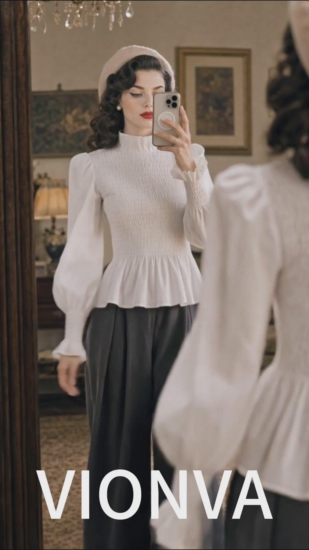 Vintage Mock Neck Smocked Peplum Blouse Puff Long Sleeve Ruffle Cuffs White Top