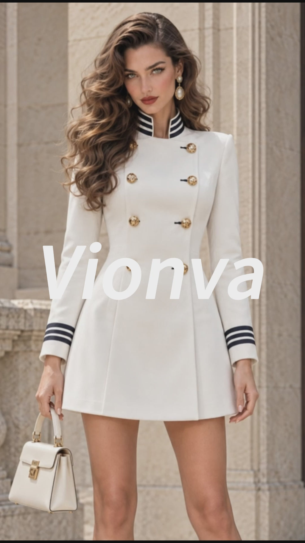 Vintage Striped-Trim Gold-Button Military Mini Dress