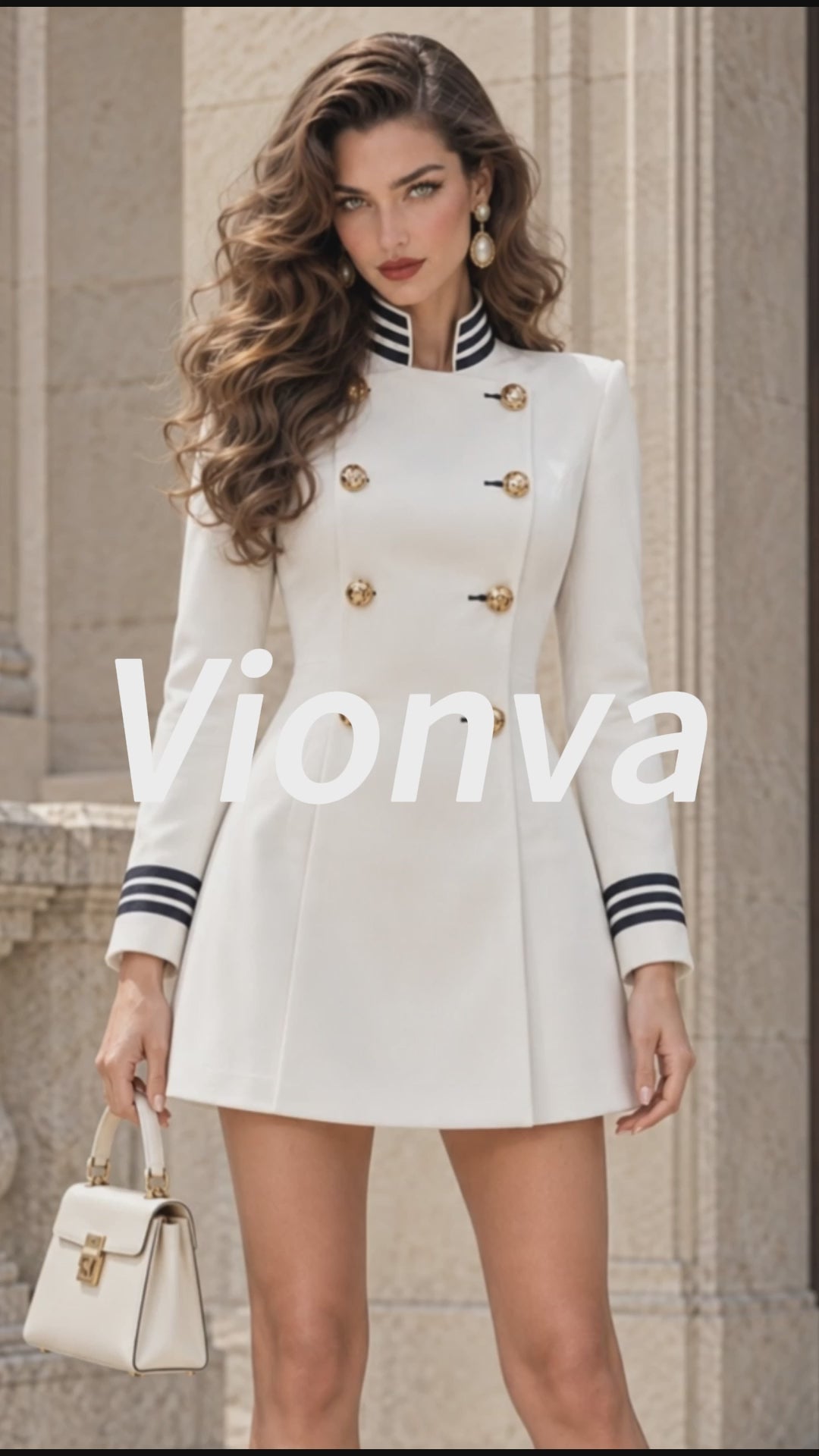 Vintage Striped-Trim Gold-Button Military Mini Dress