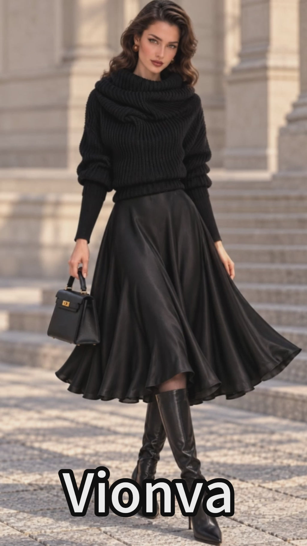 Vintage Black Cowl Neck Sweater Satin Dress Set