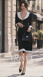 Vintage Hepburn Style Polka Dot Trim Long Sleeve Fitted Midi Dress