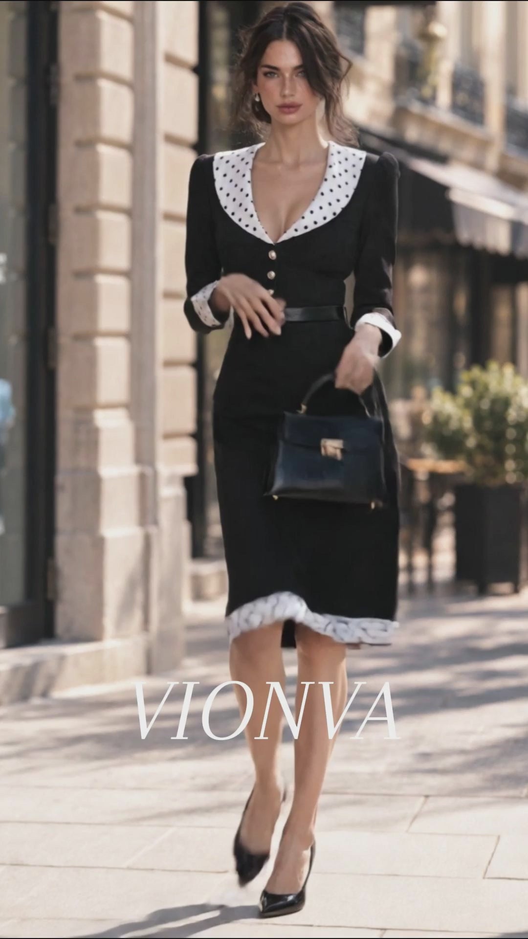 Vintage Hepburn Style Polka Dot Trim Long Sleeve Fitted Midi Dress