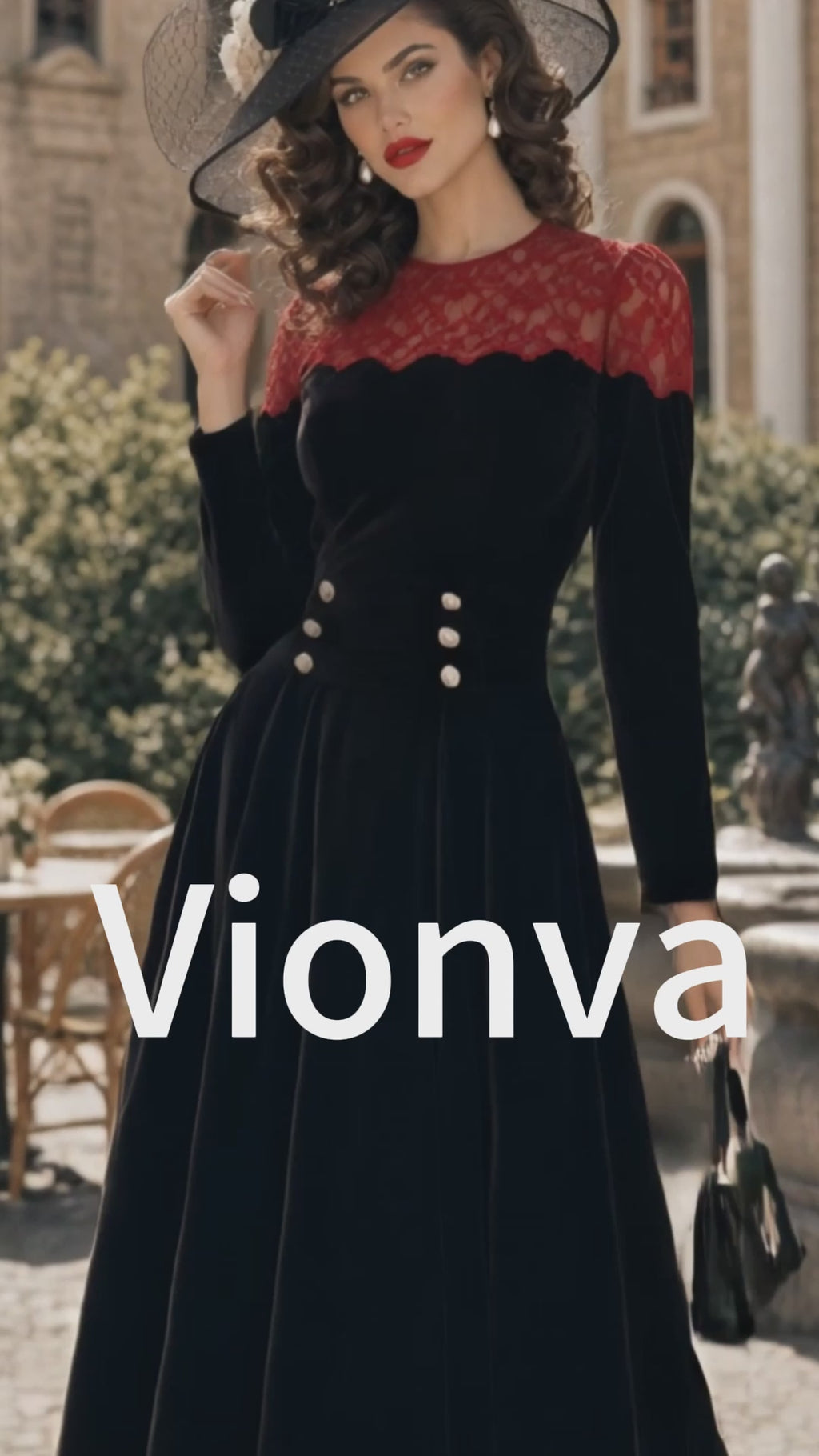 Vintage Black Red-Lace-Yoke Velvet A-Line Midi Dress