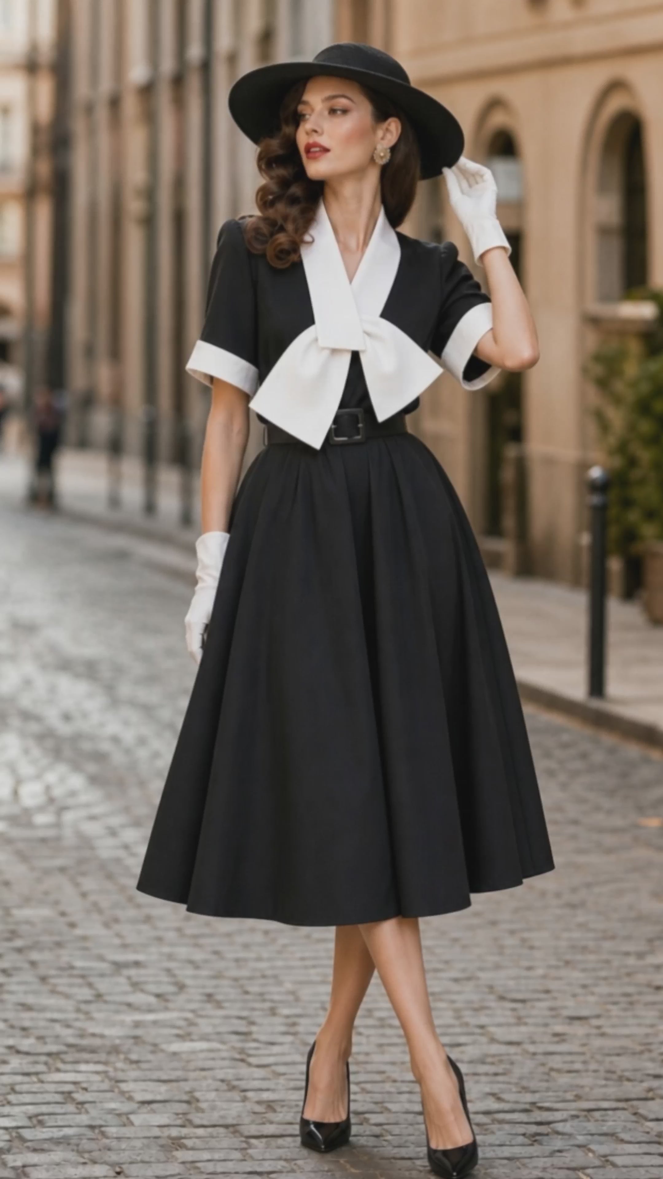 1950s Vintage Black Bow-Neck Belted Midi Dress