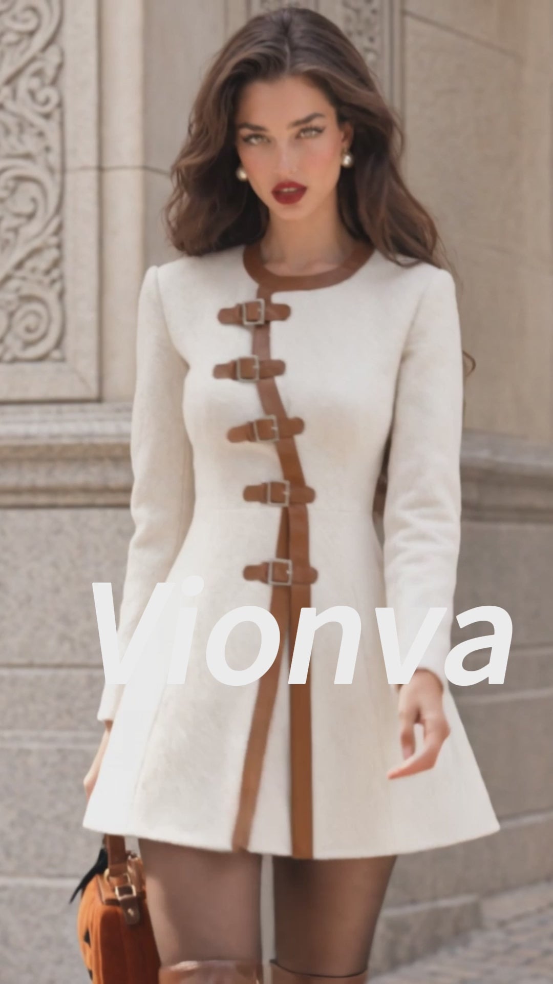 Vintage Buckle-Strap Leather-Trim Wool Mini Dress