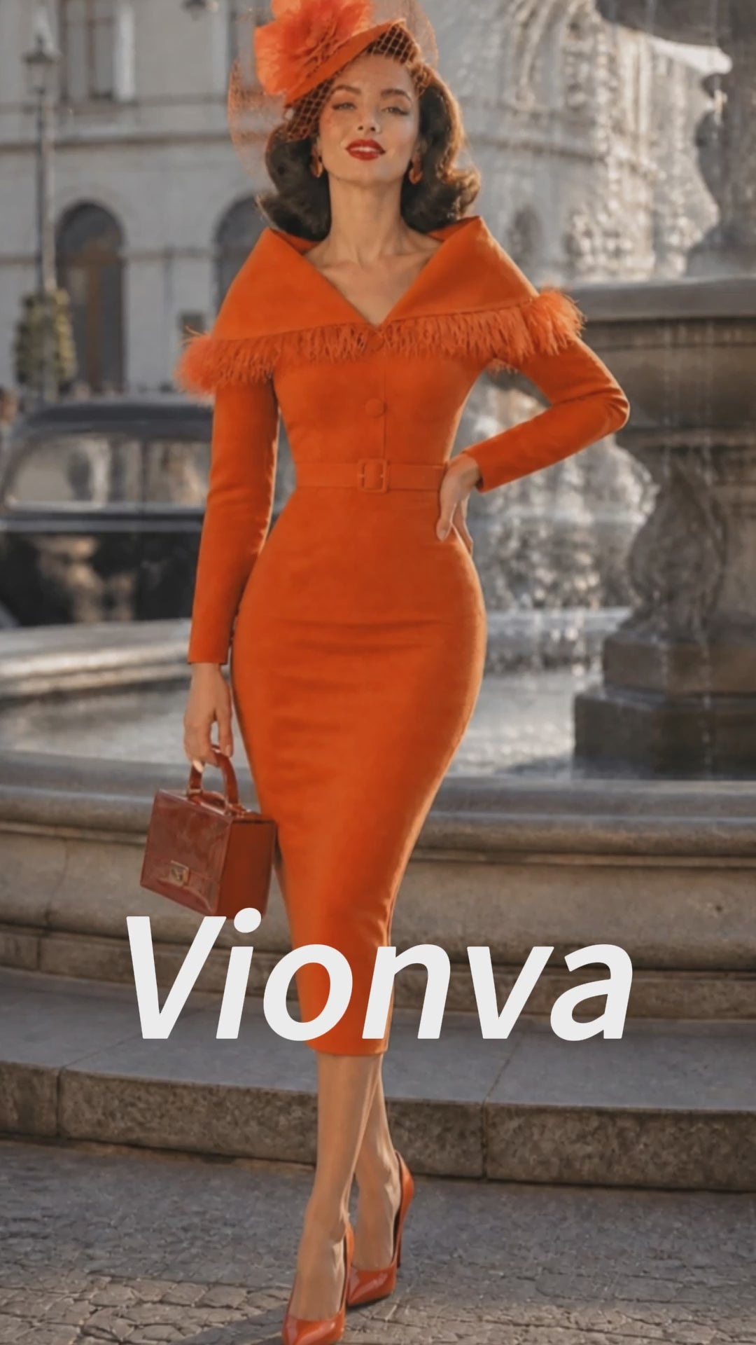 Vintage Orange Faux Suede Bodycon Midi Dress