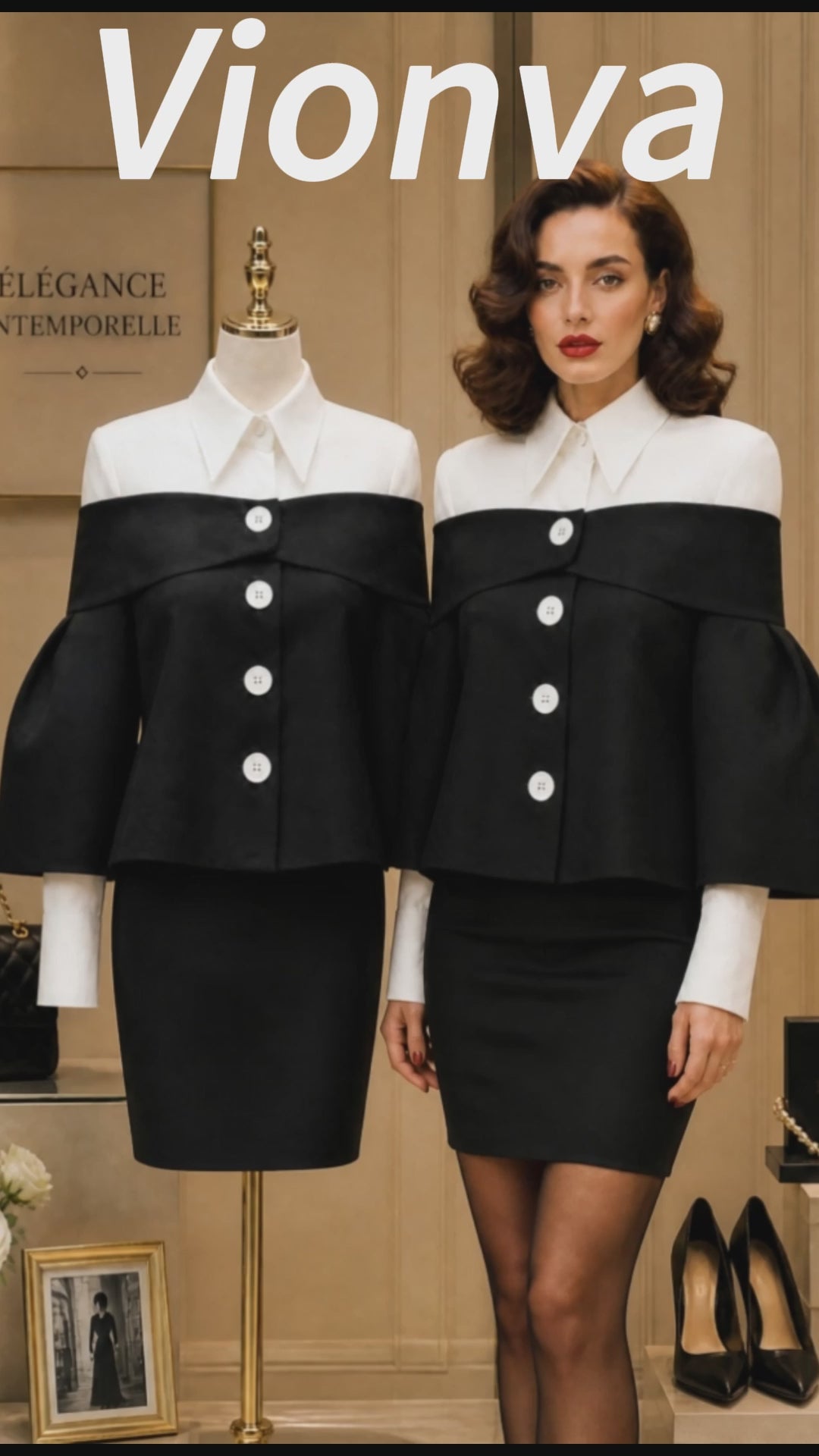 Vintage Black White Foldover-Collar Bell-Sleeve Button Jacket