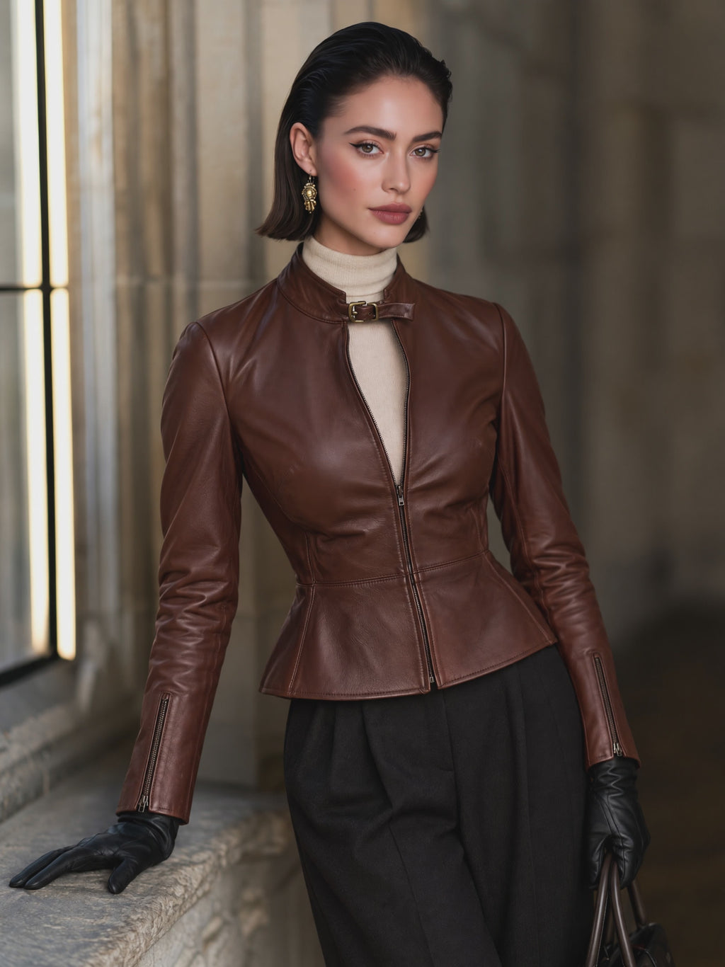 Women's Brown Long-Sleeve Faux Leather Zip-Up Jacket