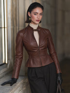 Women's Brown Long-Sleeve Faux Leather Zip-Up Jacket