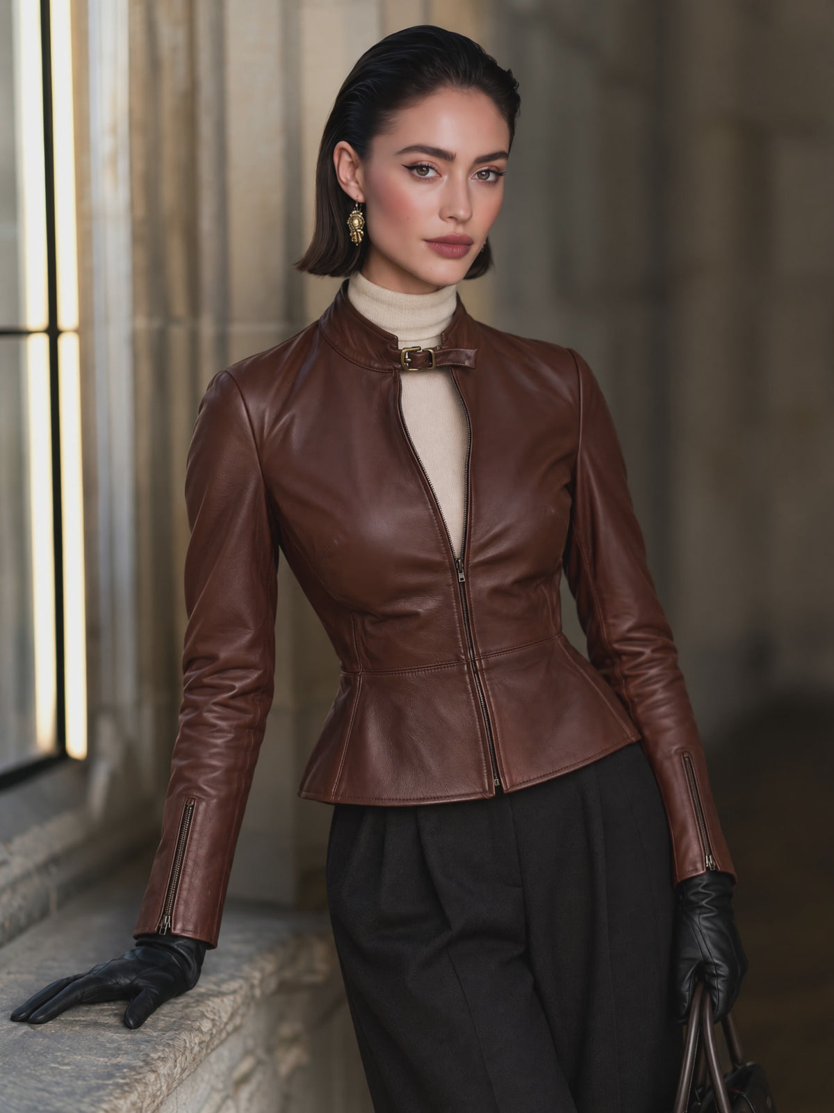 Women's Brown Long-Sleeve Faux Leather Zip-Up Jacket
