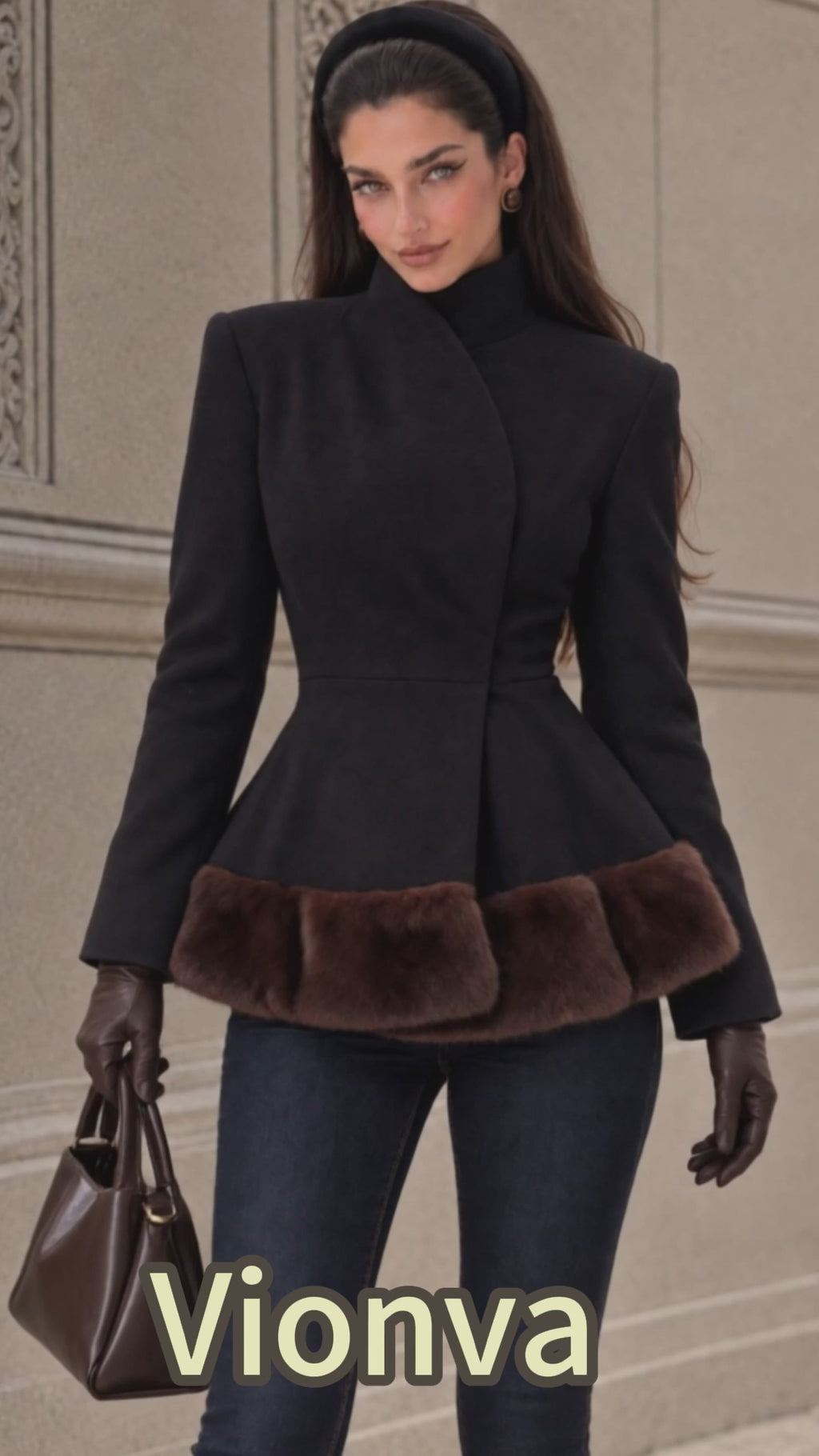 Vintage Black Wool Blend Faux Fur Hem Coat