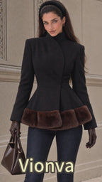 Vintage Black Wool Blend Faux Fur Hem Coat