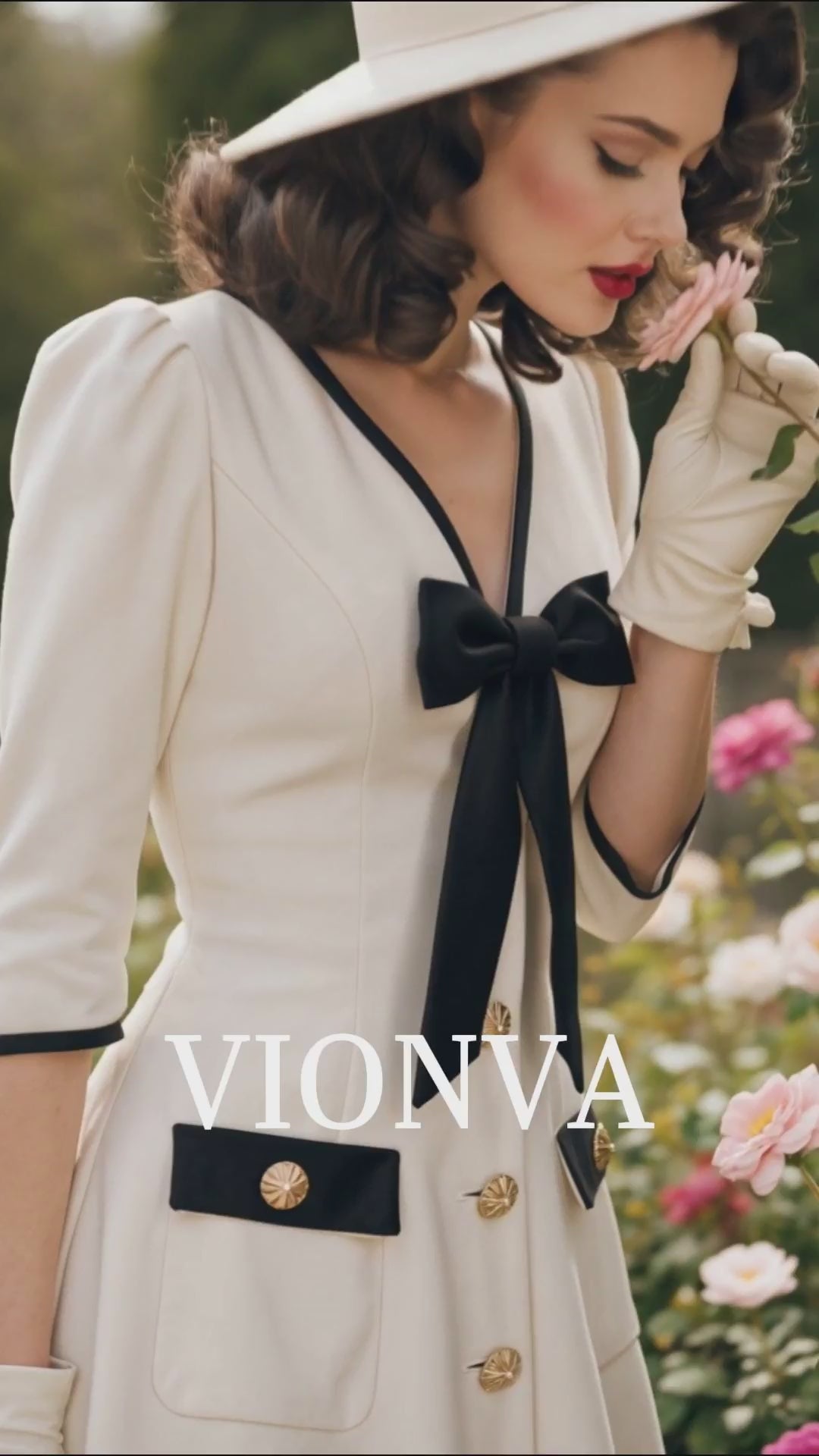 Vintage Black Trim Bow Front V‑Neck A‑Line Midi Dress