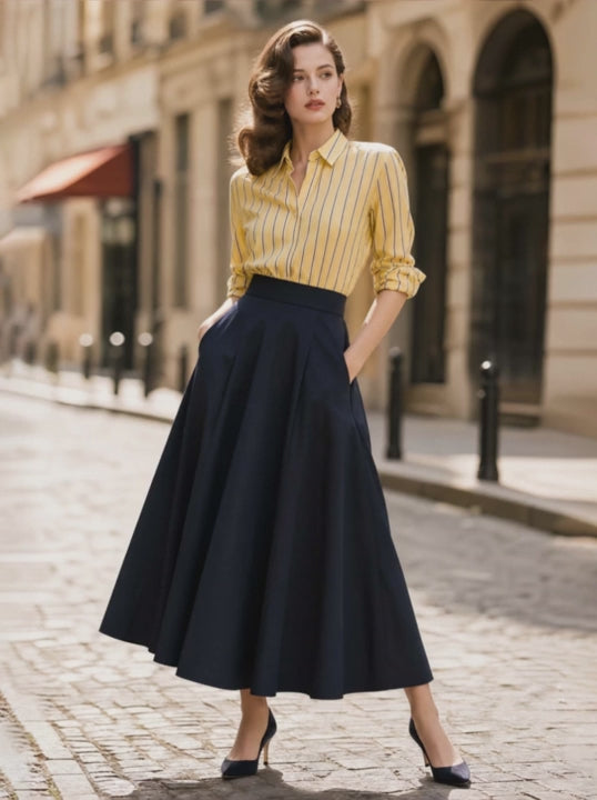 French Retro Navy Flared Midi Skirt With Pockets