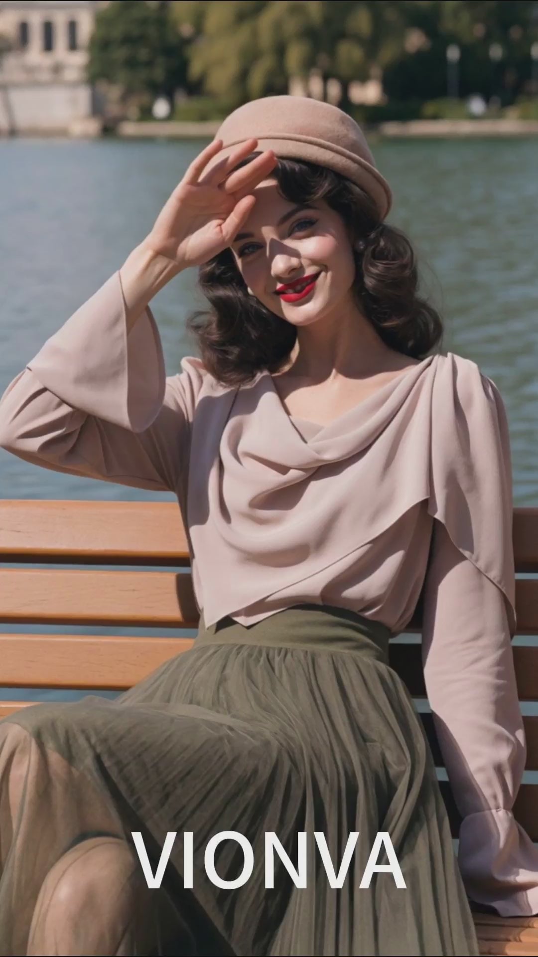 Vintage Two‑Piece Set Cowl Neck Blouse Flare Sleeve Tulle Midi Skirt