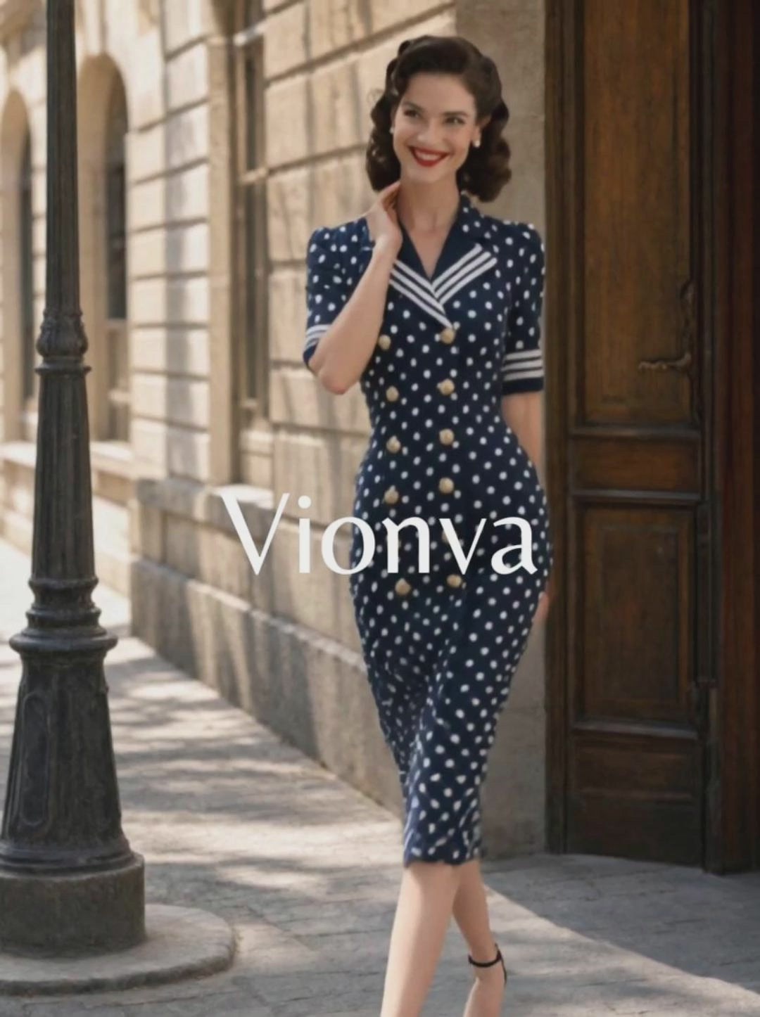 Vintage Nautical Collar Polka Dot Print Bodycon Midi Dress