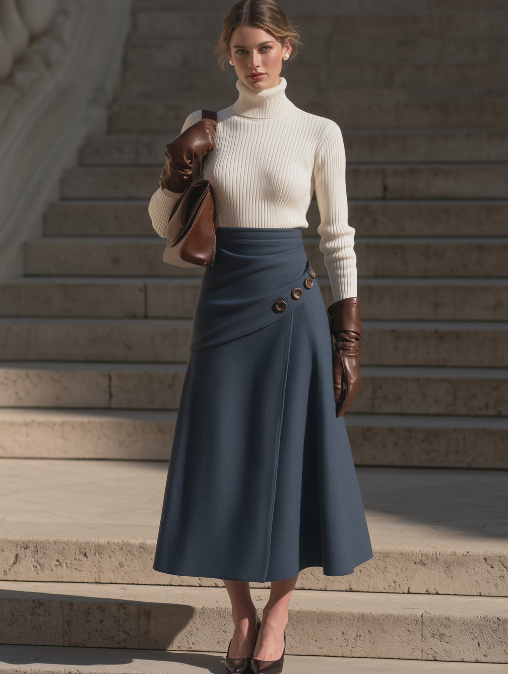 Navy Asymmetric Button-Front Panel Blue A-Line Midi Skirt