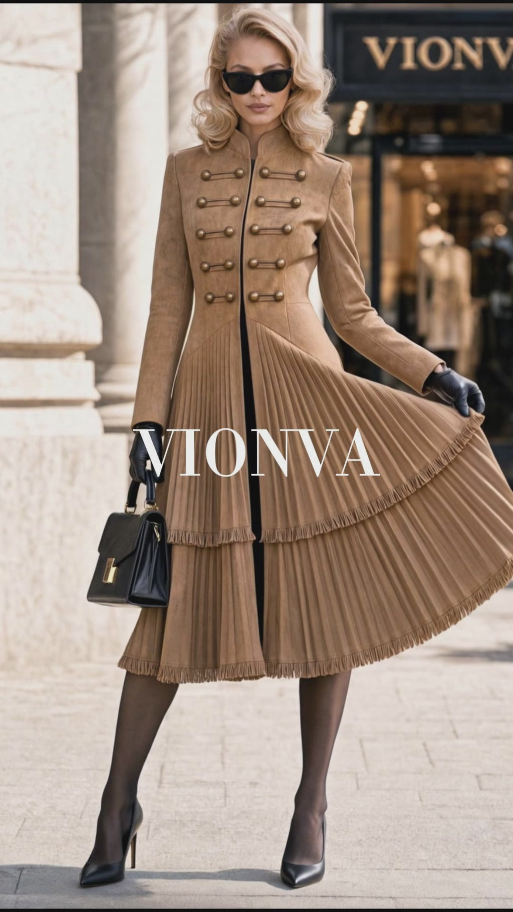 Retro Military Fringe Pleated Midi Coat Dress