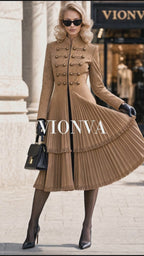 Retro Military Fringe Pleated Midi Coat Dress