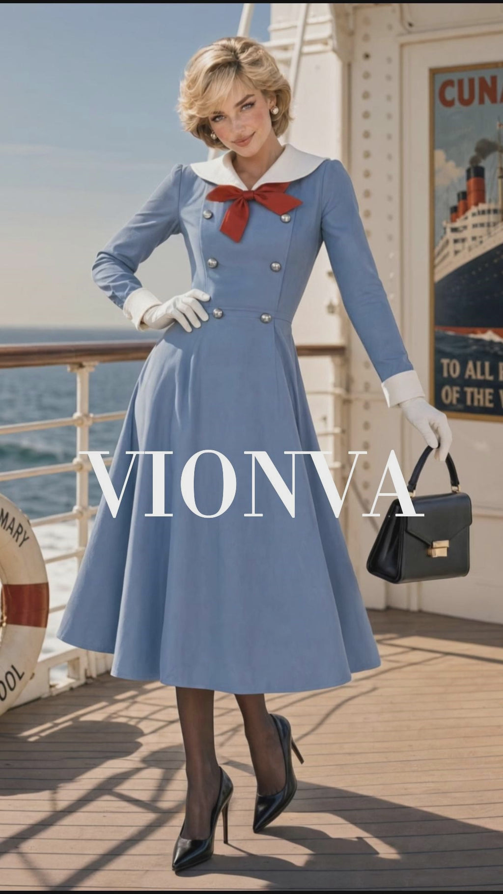 Retro 40s Sailor Red Bow Midi Dress