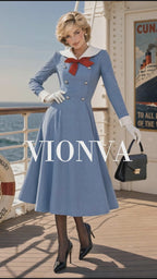 Retro 40s Sailor Red Bow Midi Dress