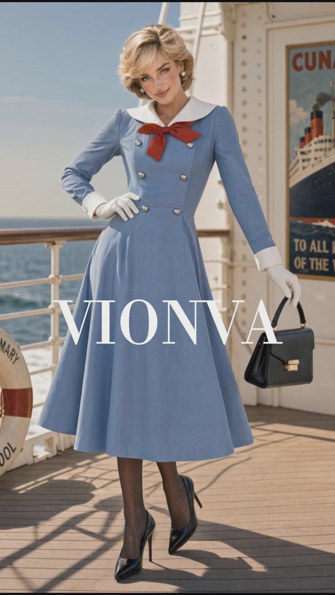 Retro 40s Sailor Red Bow Midi Dress