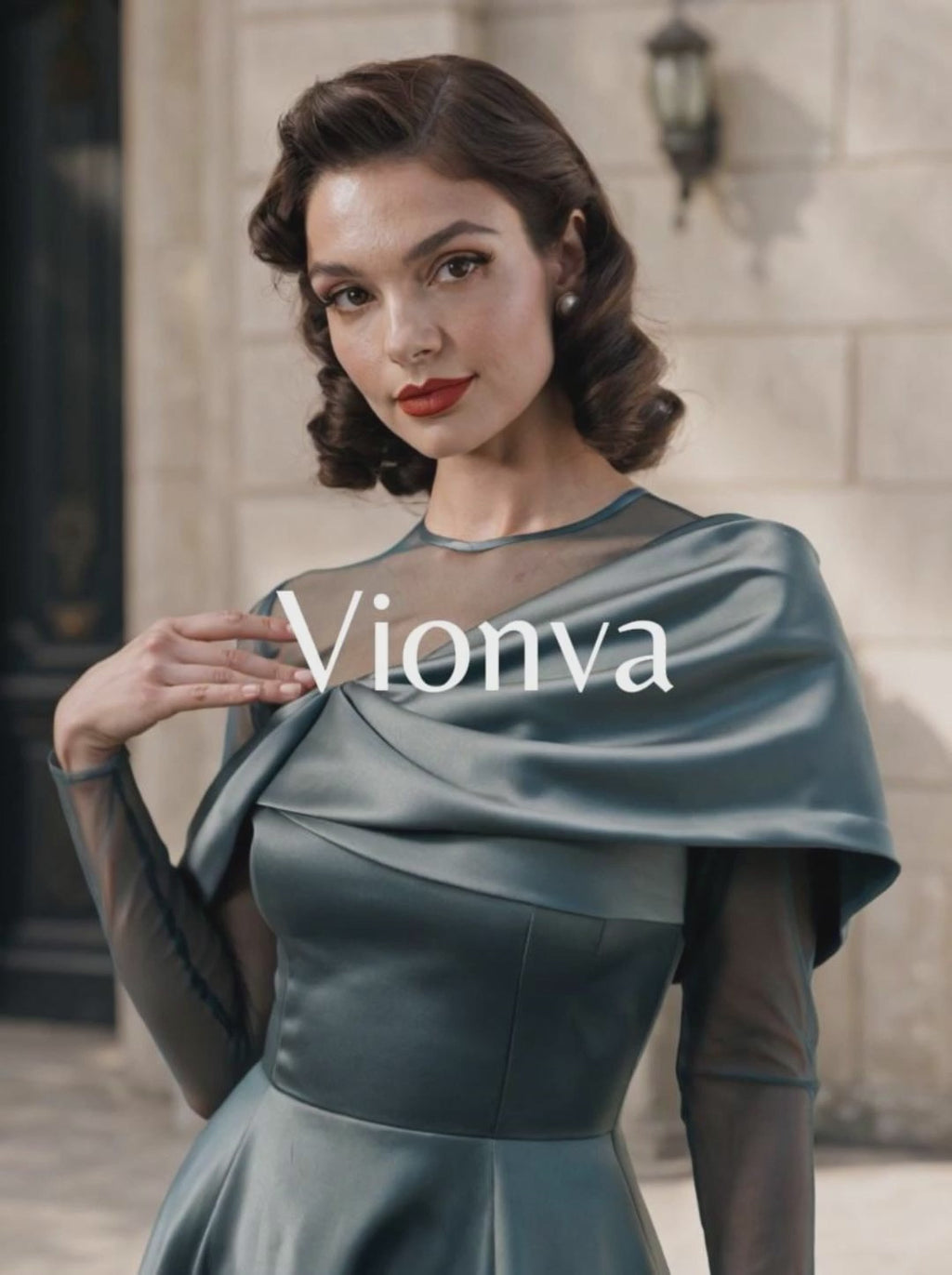 Vintage Satin Mesh Spliced Shawl Midi Dress