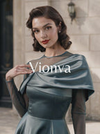 Vintage Satin Mesh Spliced Shawl Midi Dress