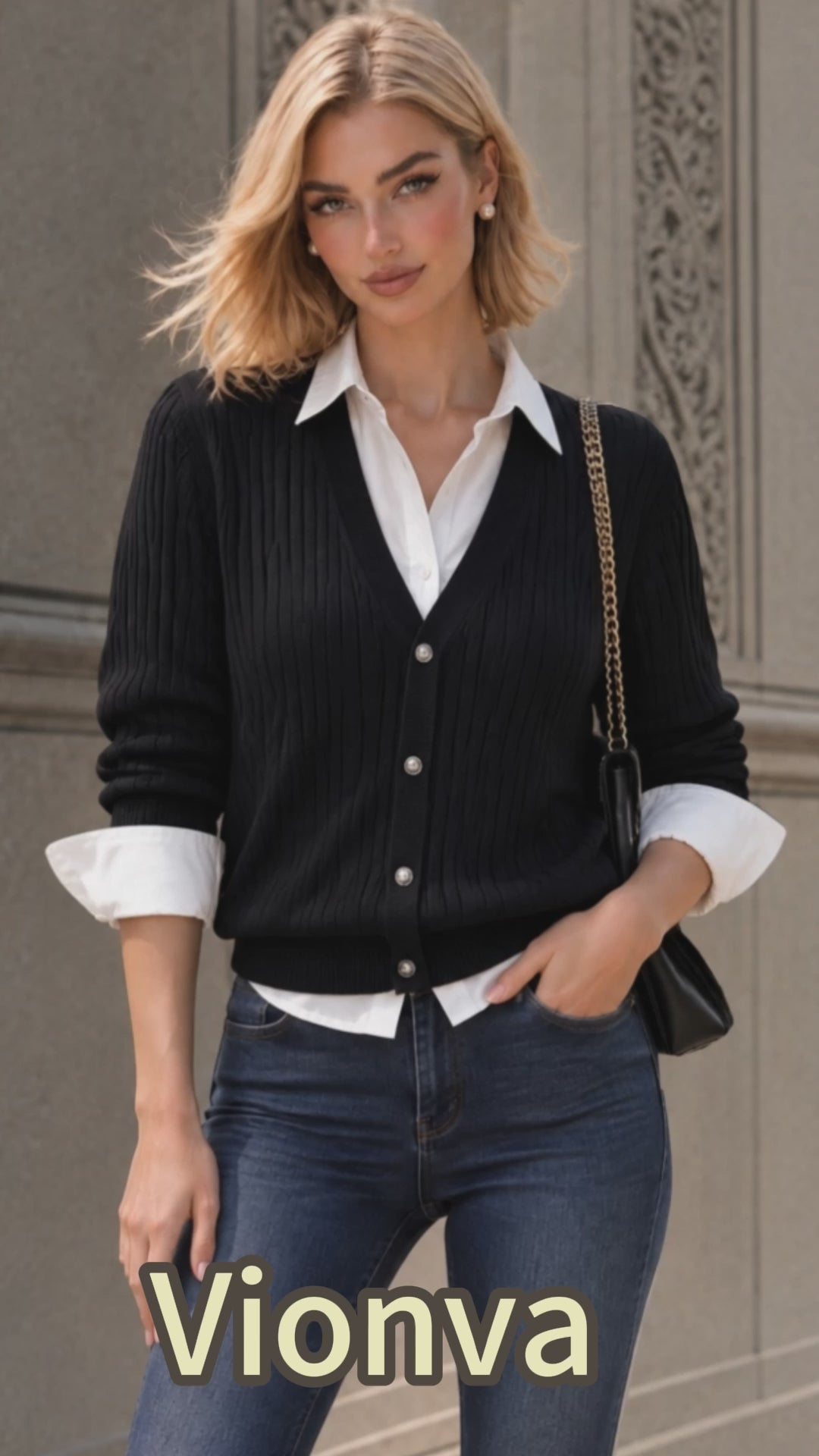 Vintage Black Ribbed Knit Faux Two Piece Sweater