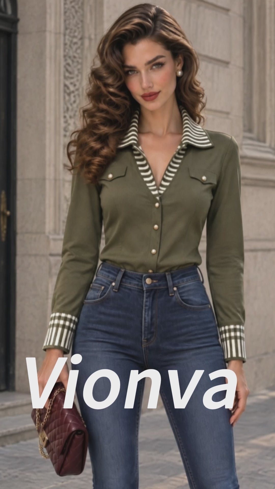 Vintage Stripe Print Contrast Collar Pearl Button Shirt
