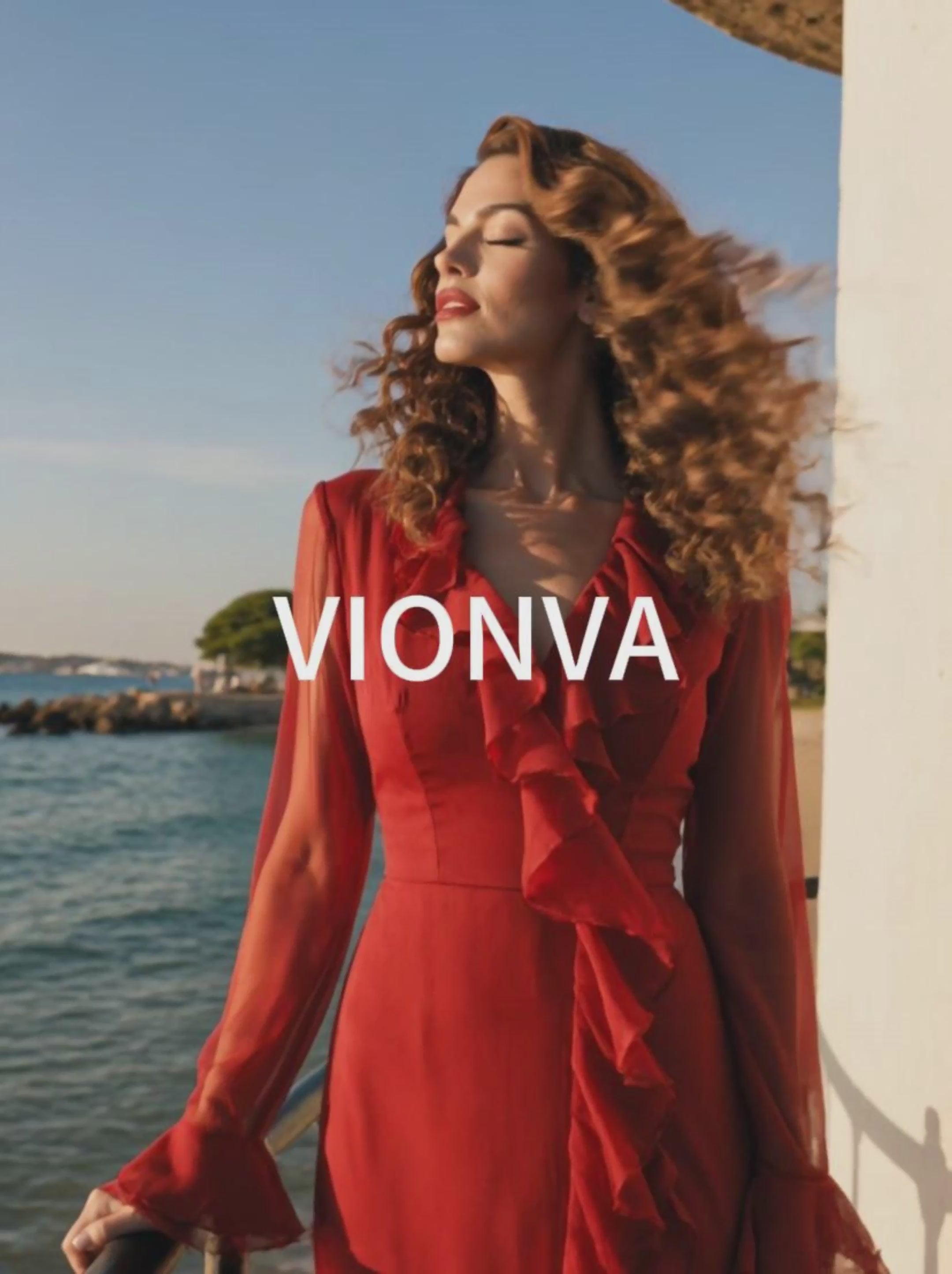 Vintage Red Chiffon V Neck Ruffled Long Sleeve Maxi Dress
