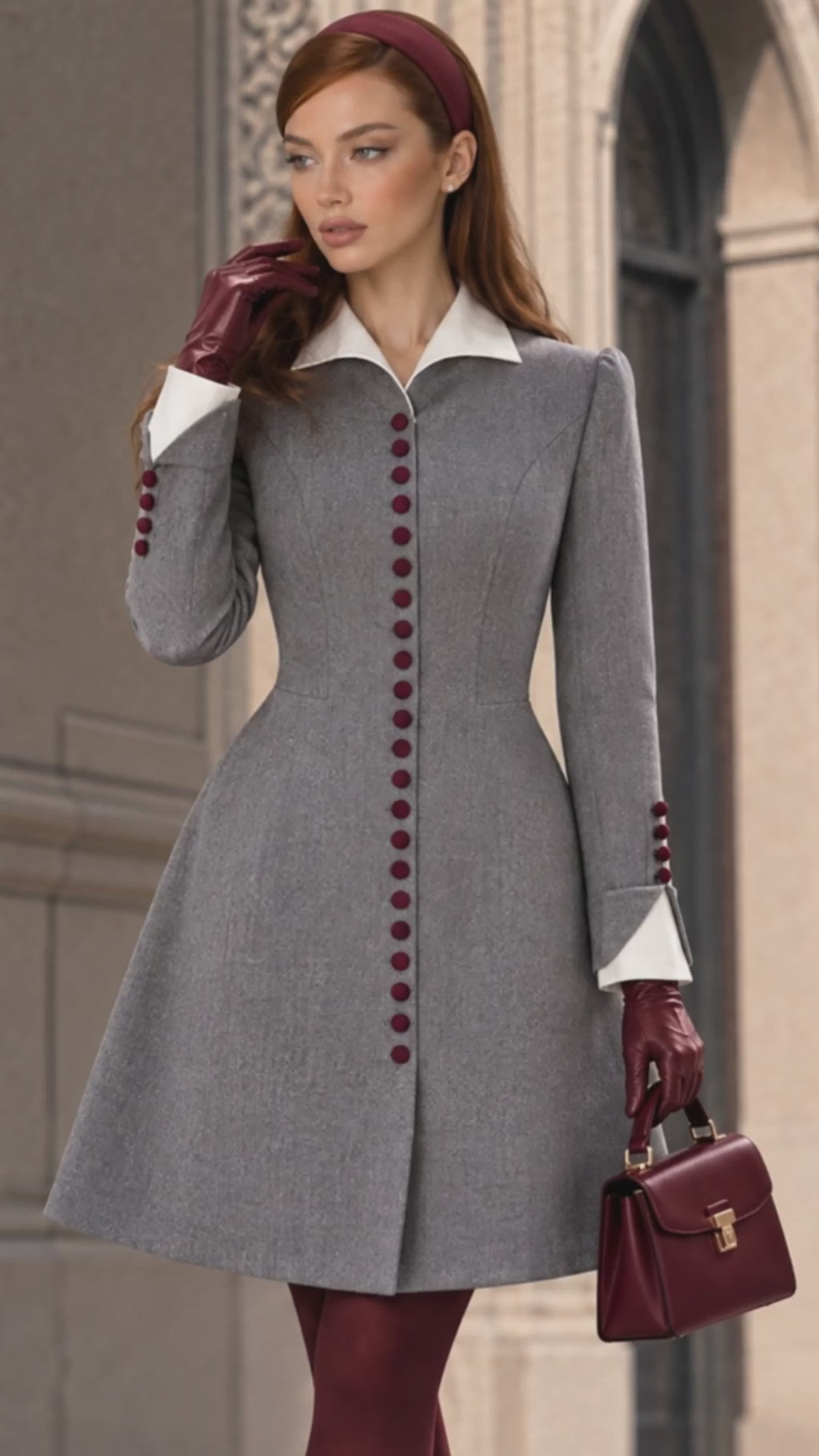 Vintage Hepburn-Style Wool-Blend Burgundy Button Coat Dress