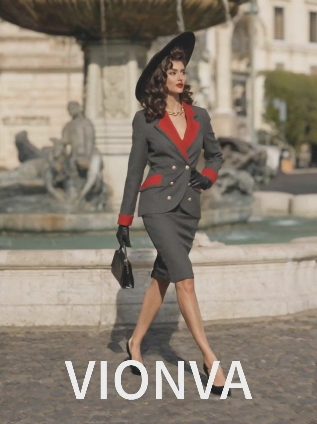 Vintage Color Block Lapel Blazer Pencil Midi Skirt Sets