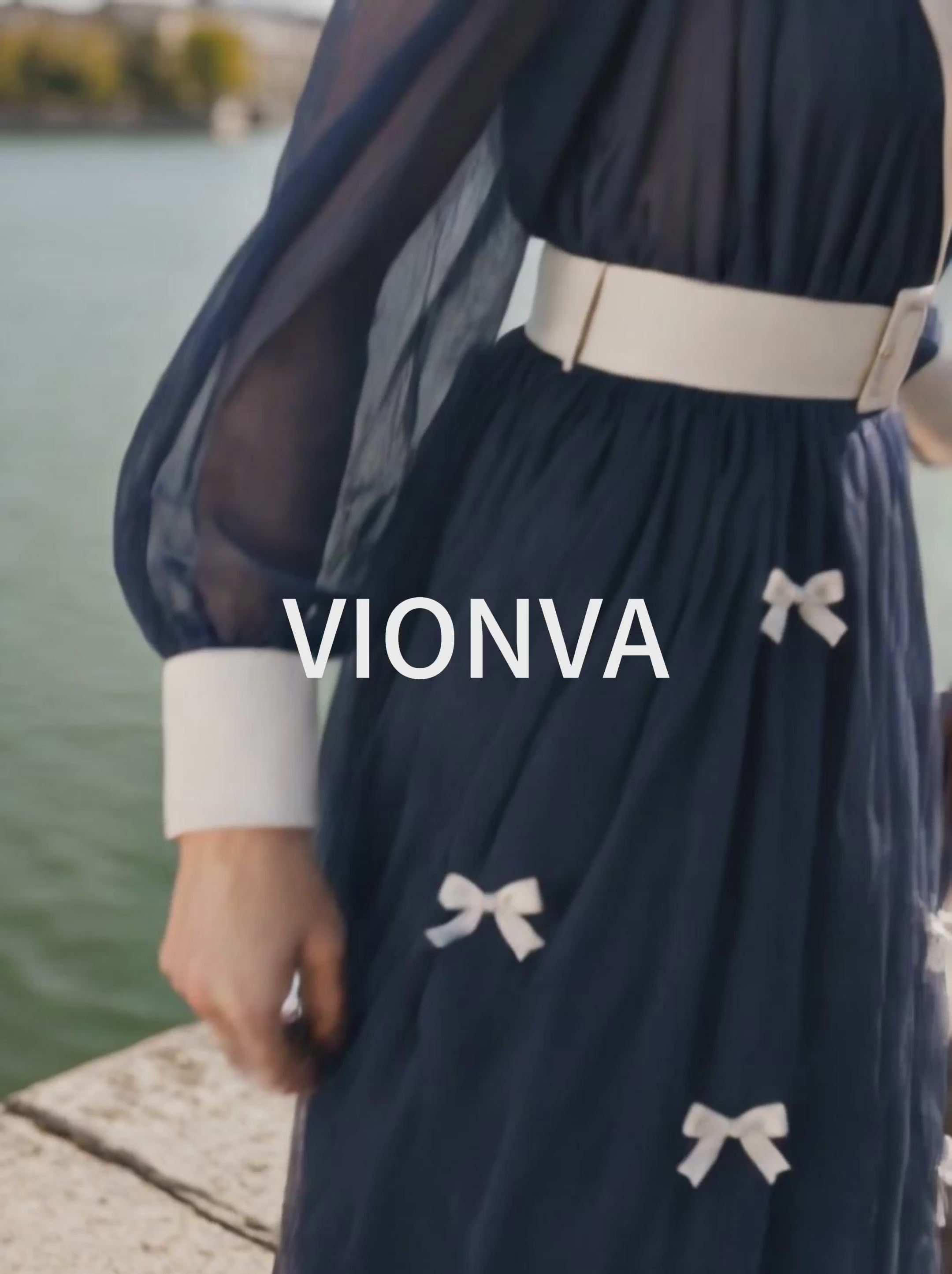Vintage Navy Chiffon Midi Dress White Lapel Bow Belt Flowy Dress