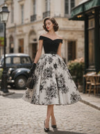 1950s Vintage Off-ShouldeRose Print Belted Fit-and-Flare Midi Dress
