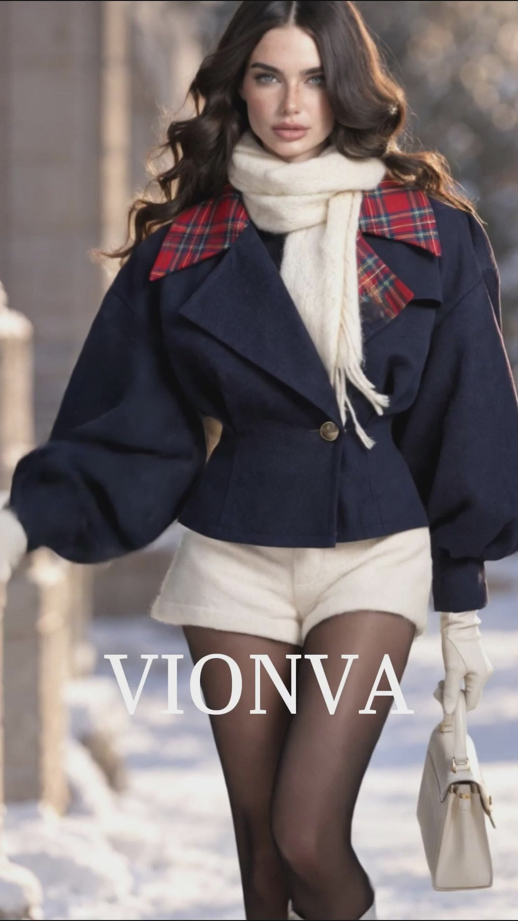 Vintage Wool Blend Navy Tartan Collar Puff Sleeve Cropped Coat