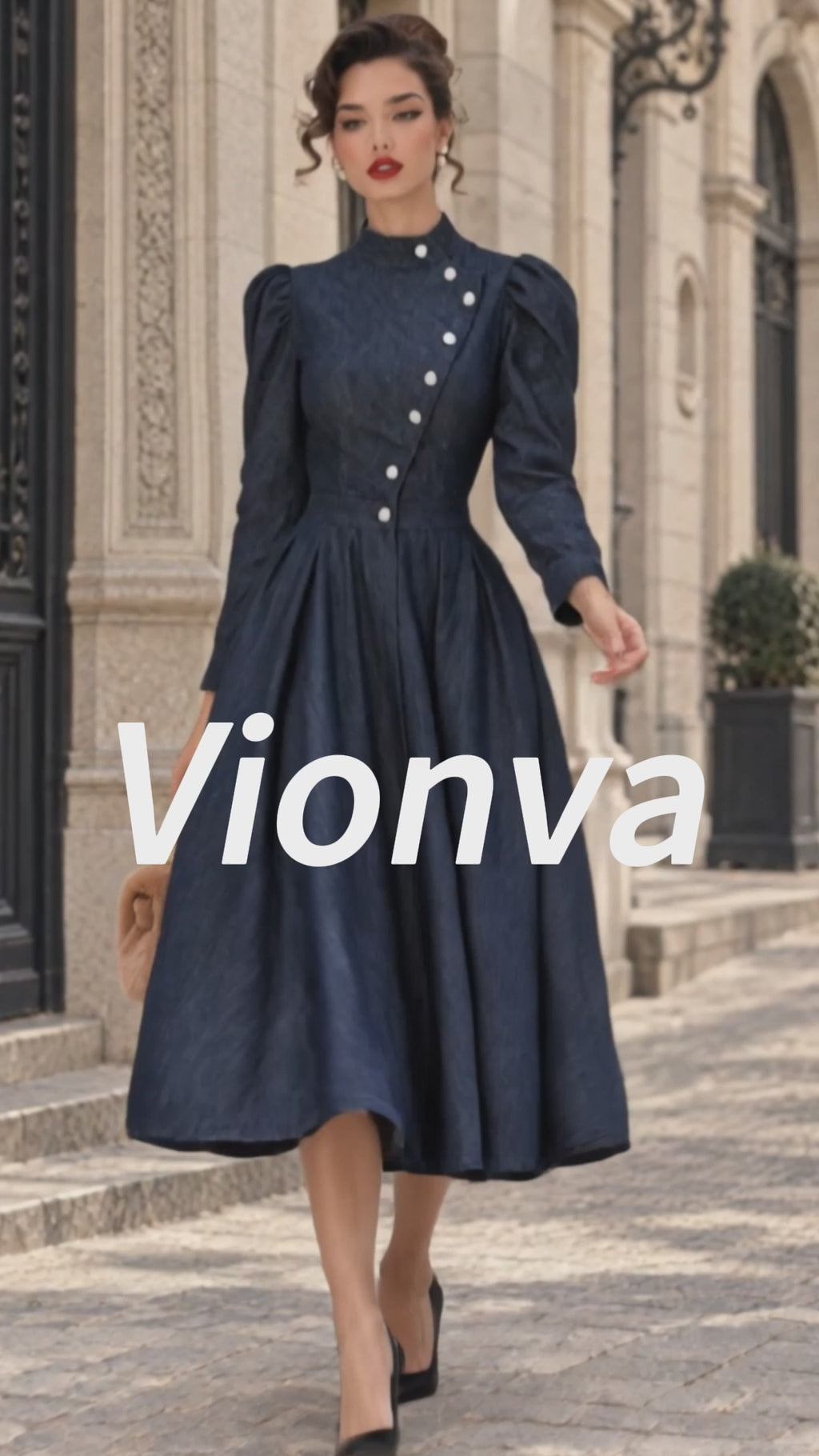 Vintage Stand-Collar Asymmetric Button Denim Midi Dress