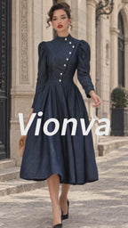 Vintage Stand-Collar Asymmetric Button Denim Midi Dress